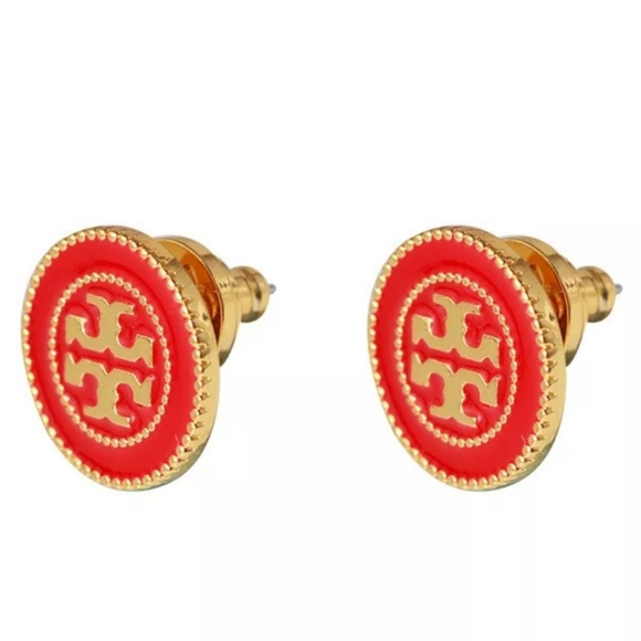 Tory Burch Red & Gold Button Logo Stud Earrings - Picture 3 of 5